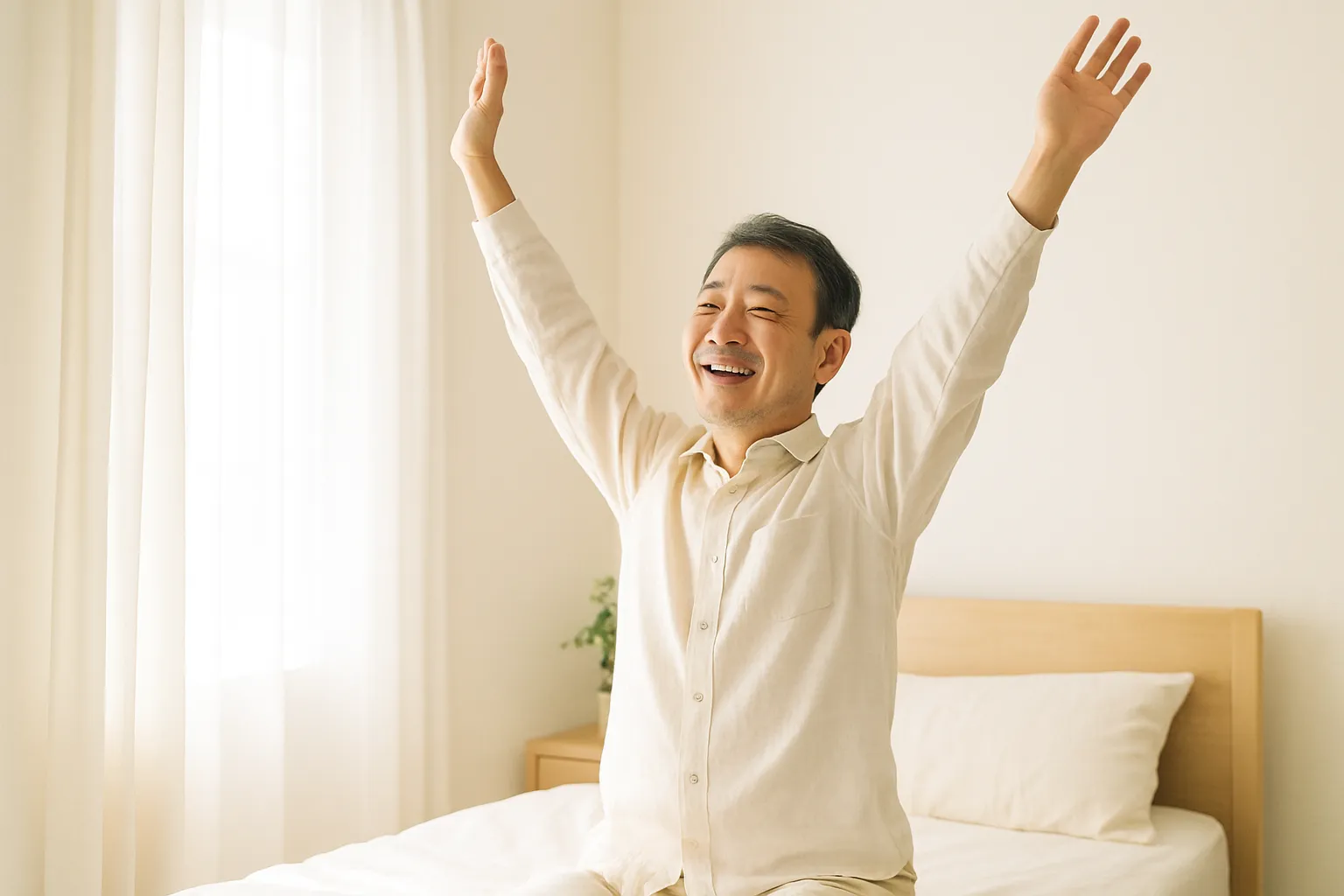 明るい寝室で朝、両手を上げて伸びをする男性のイメージ