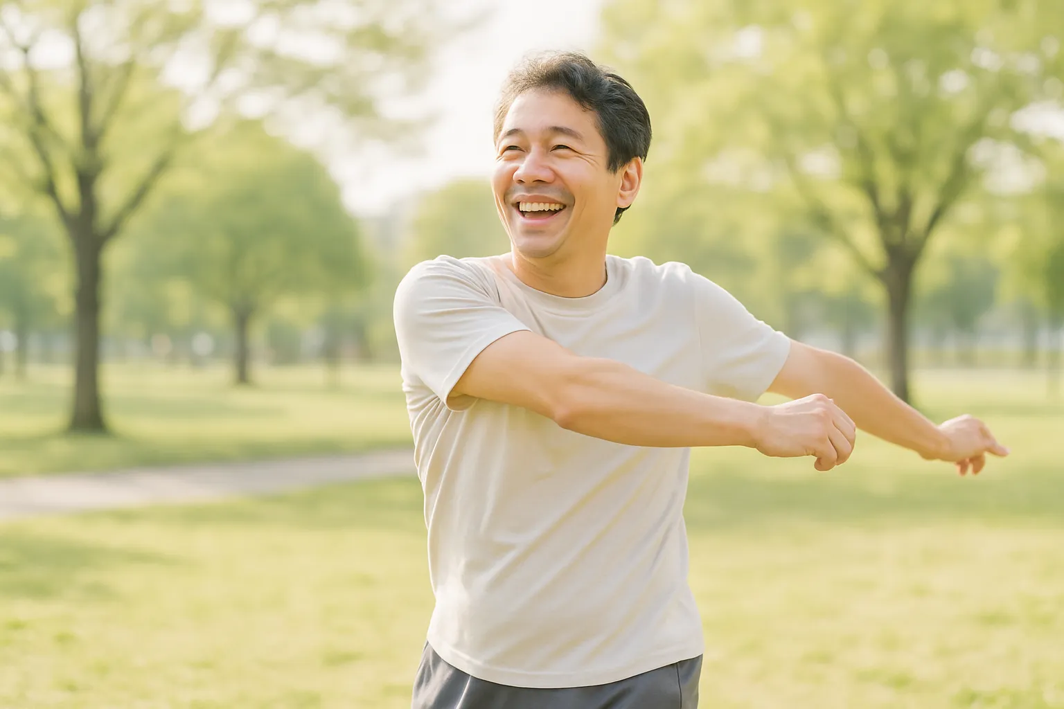 晴れた朝に屋外で体を動かしてウォームアップする男性のイメージ