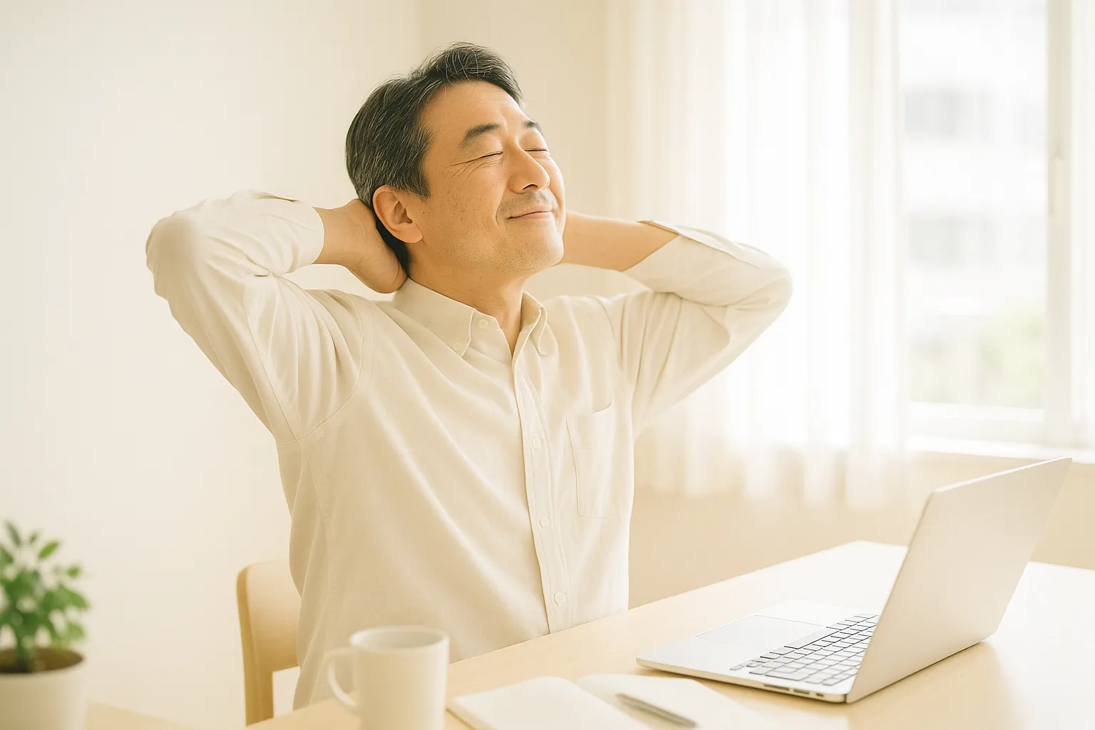 明るいオフィスで席を立ち、首や肩を伸ばす40代男性のイメージ