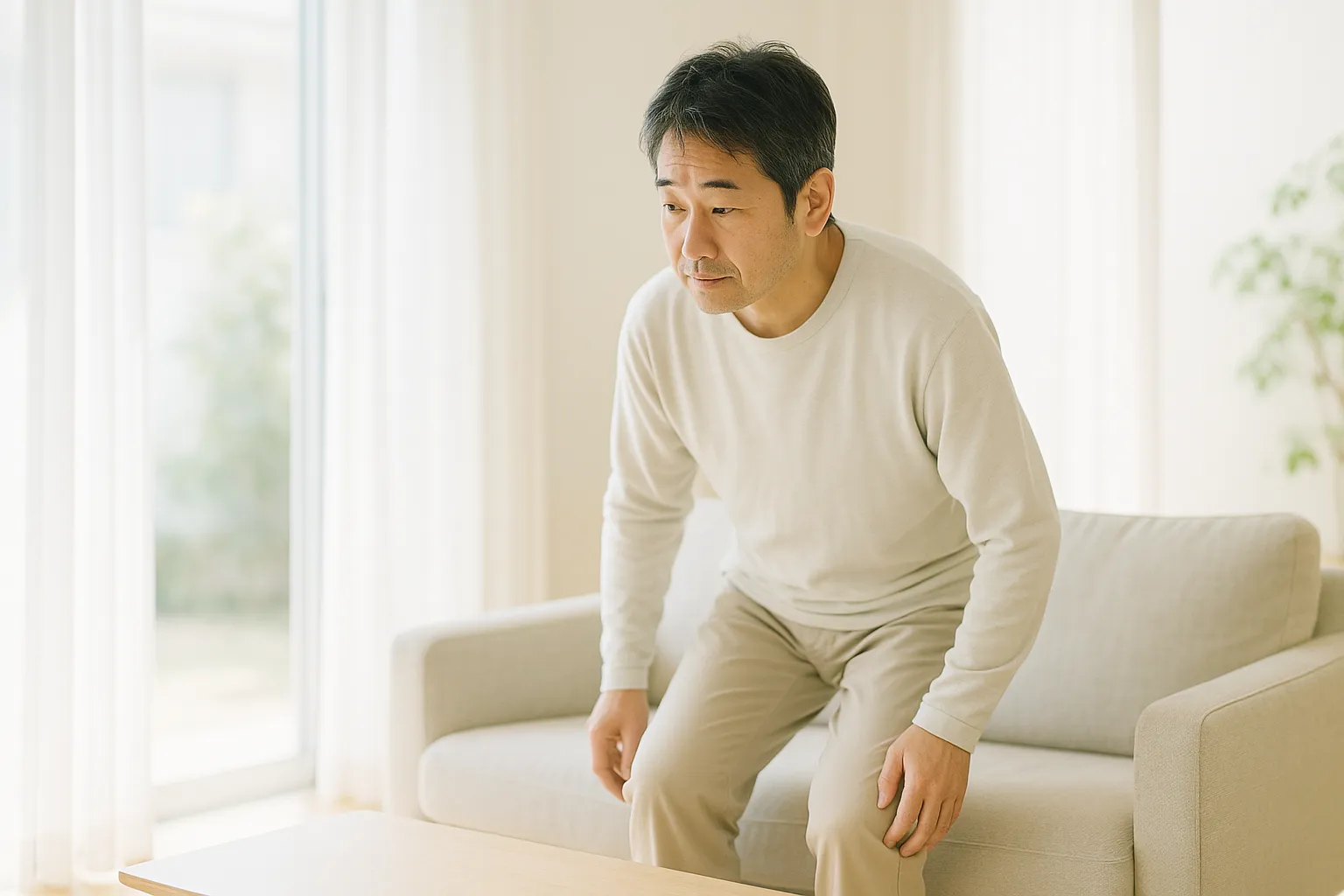 明るいリビングで椅子からゆっくり立ち上がる男性のイメージ