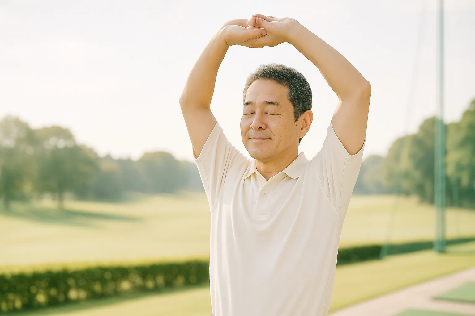 晴れた屋外でゴルフウェア姿の男性が腕を上げて伸びをしているイメージ