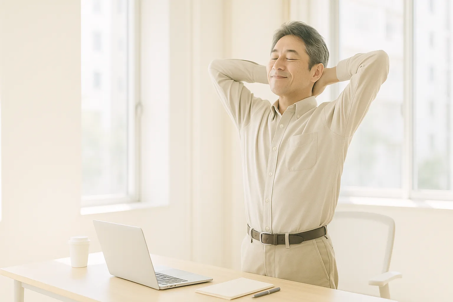 明るいオフィスで昼休みに席を立ってストレッチをする男性のイメージ