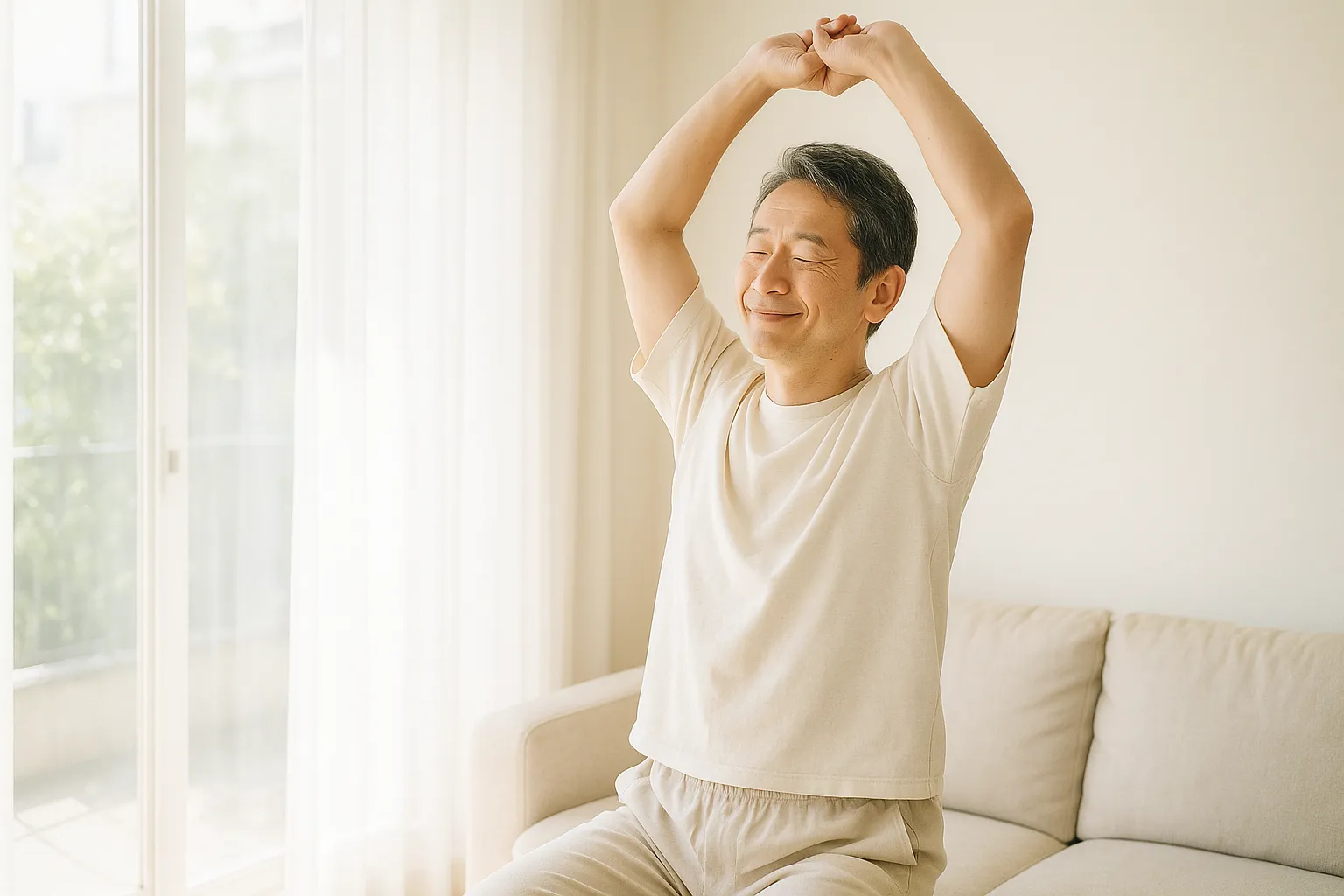 明るいリビングの窓辺で朝に腕を伸ばしてストレッチする男性のイメージ