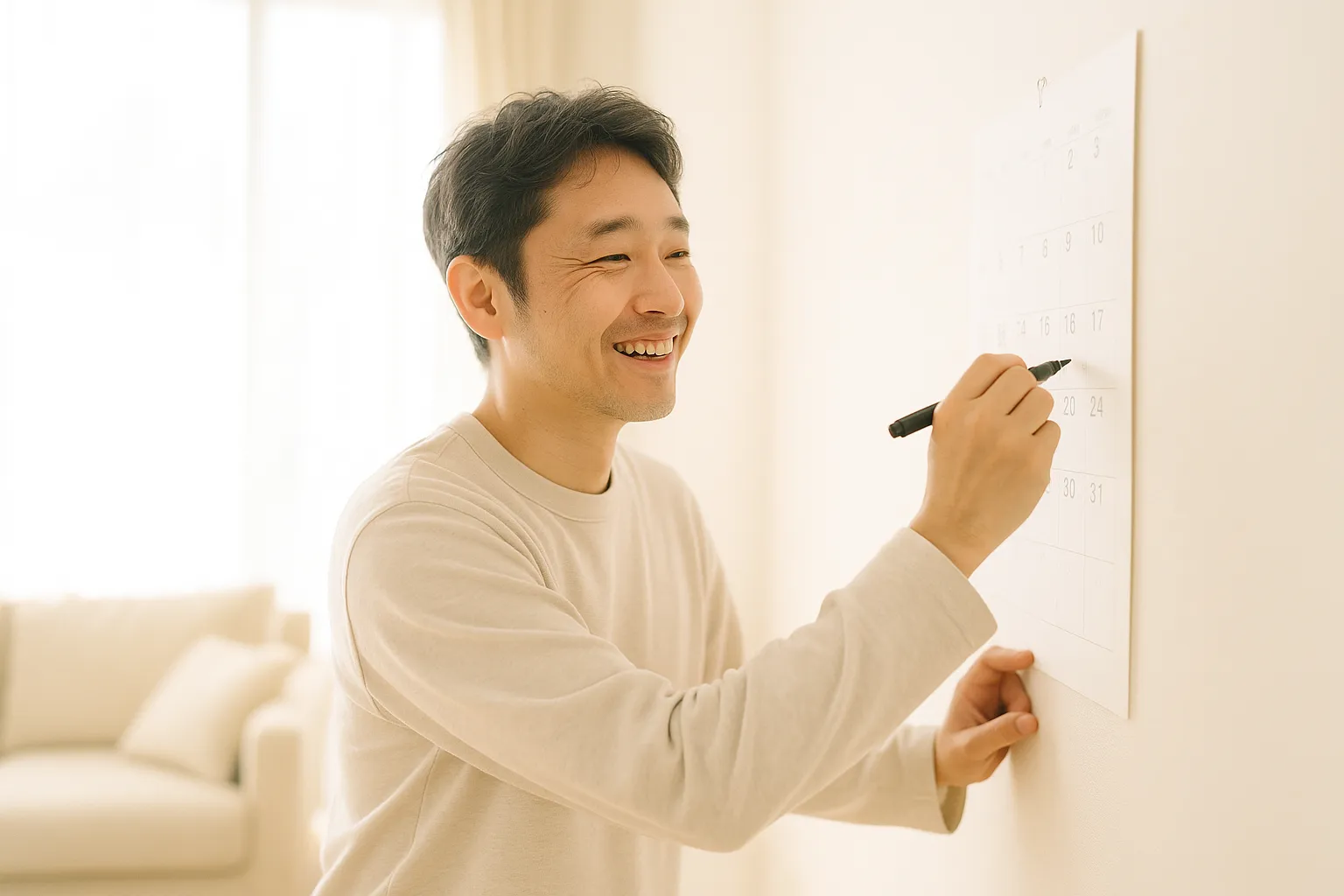 明るいリビングで壁掛けカレンダーに予定を書き込む男性のイメージ