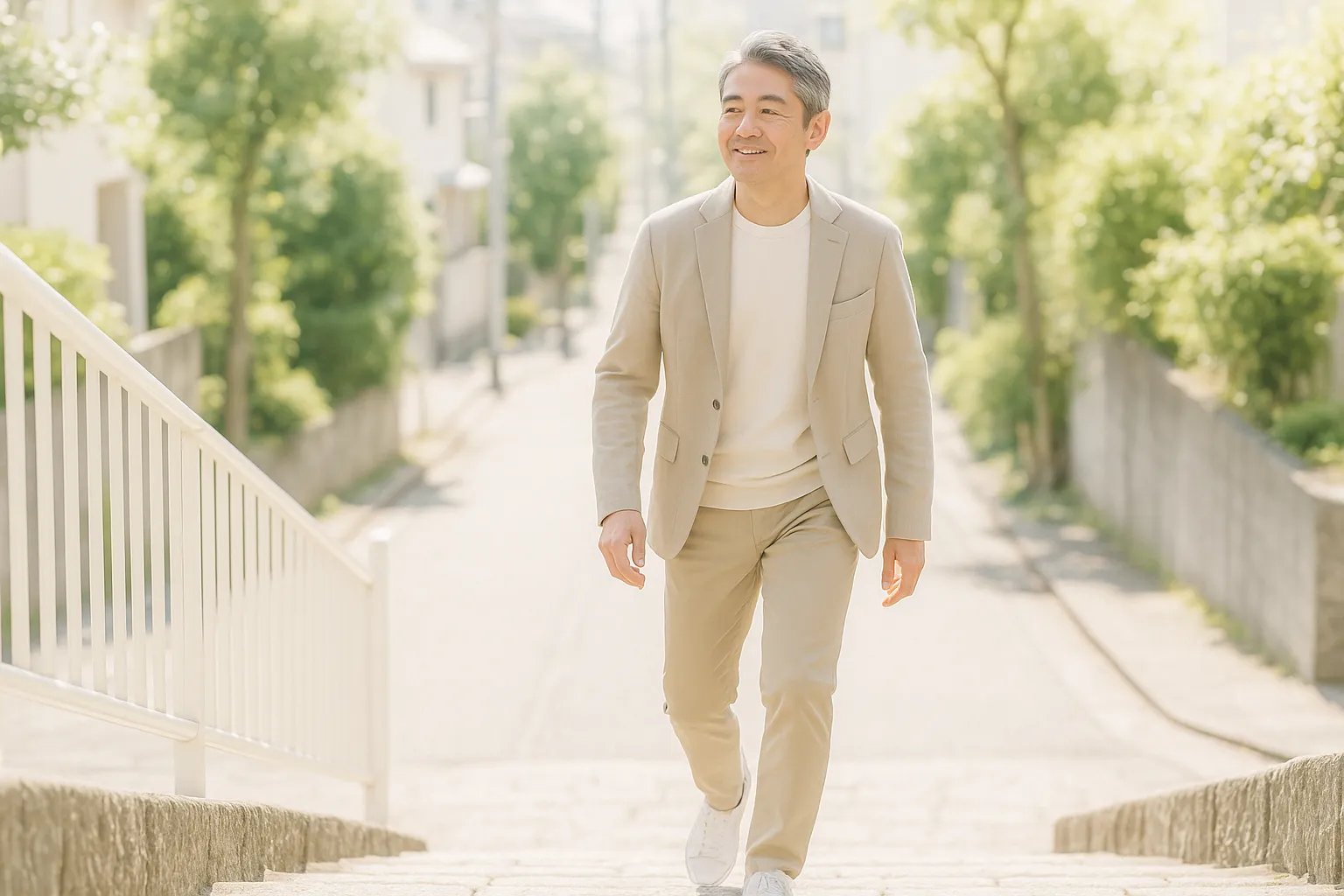 晴れた屋外の階段を軽やかな足取りで歩く40〜50代の男性のイメージ