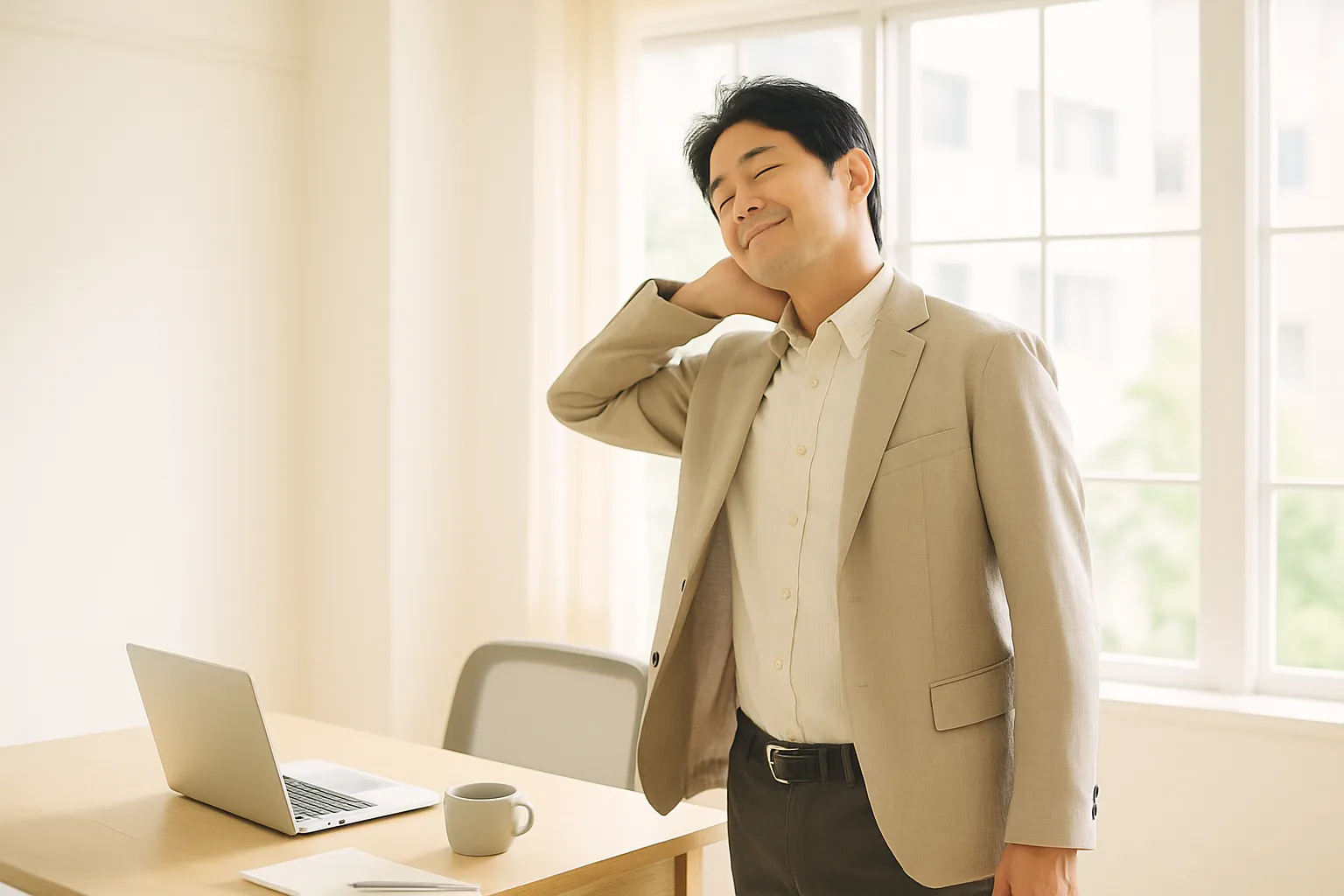 明るいオフィスで席を立ち、肩や首を伸ばして伸びをする男性のイメージ