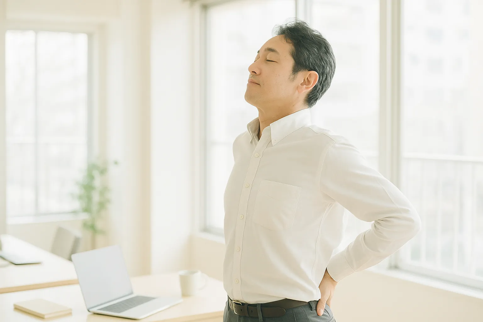 明るいオフィスで席を立ち、肩を後ろに回してストレッチする男性のイメージ