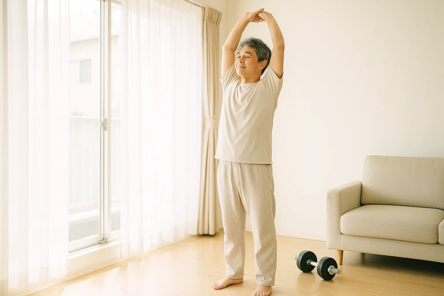 明るいリビングでダンベルのそばで伸びをする男性のイメージ