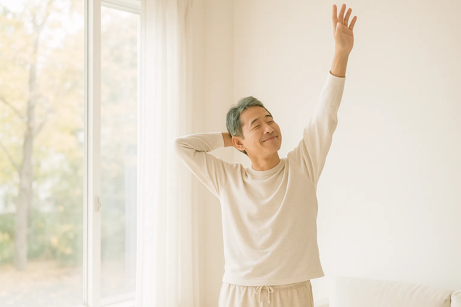 明るい窓辺で伸びをするミドル世代男性のイメージ
