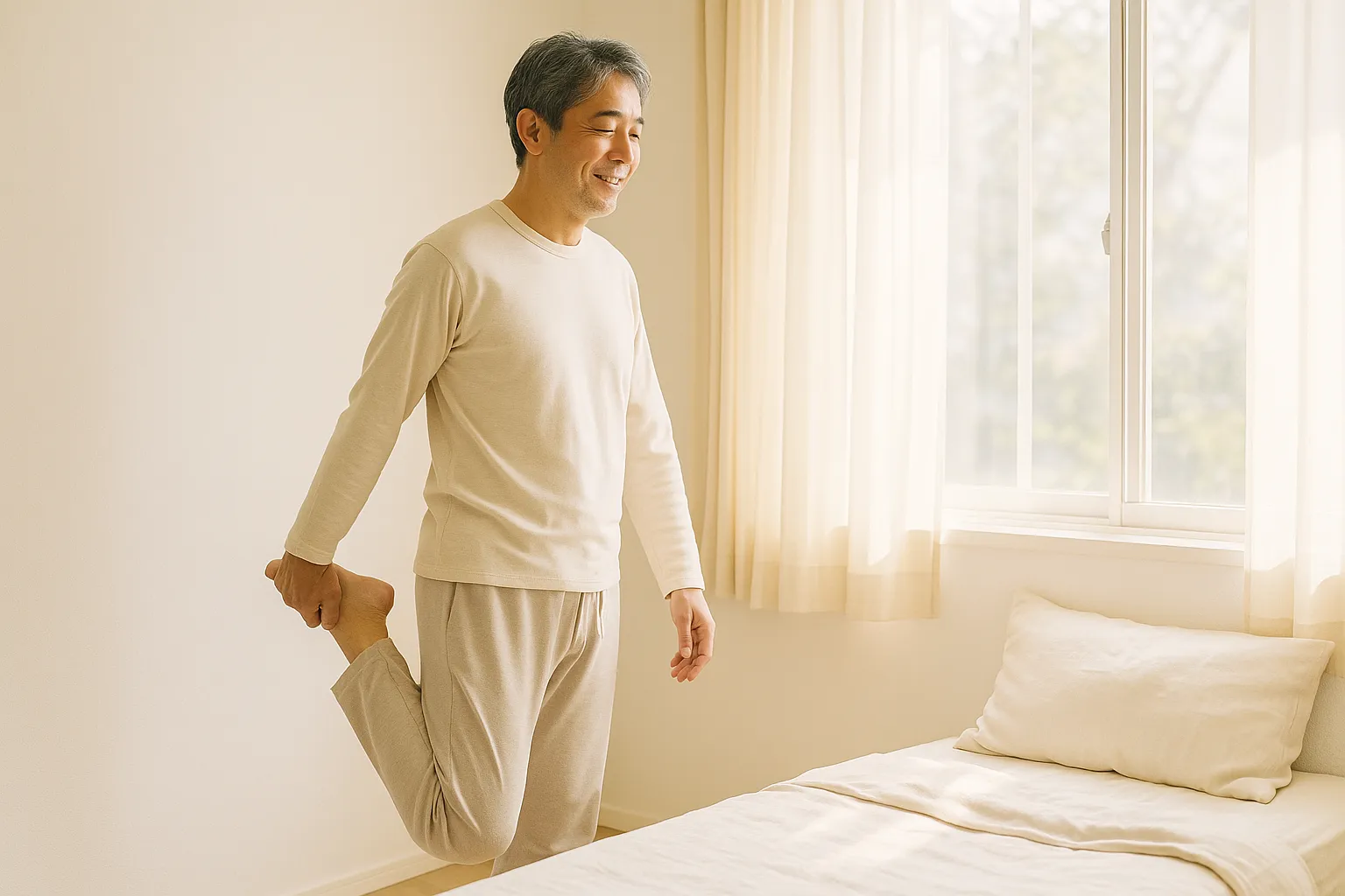 朝の明るい寝室で窓辺に立ち、ふくらはぎを伸ばす男性のイメージ