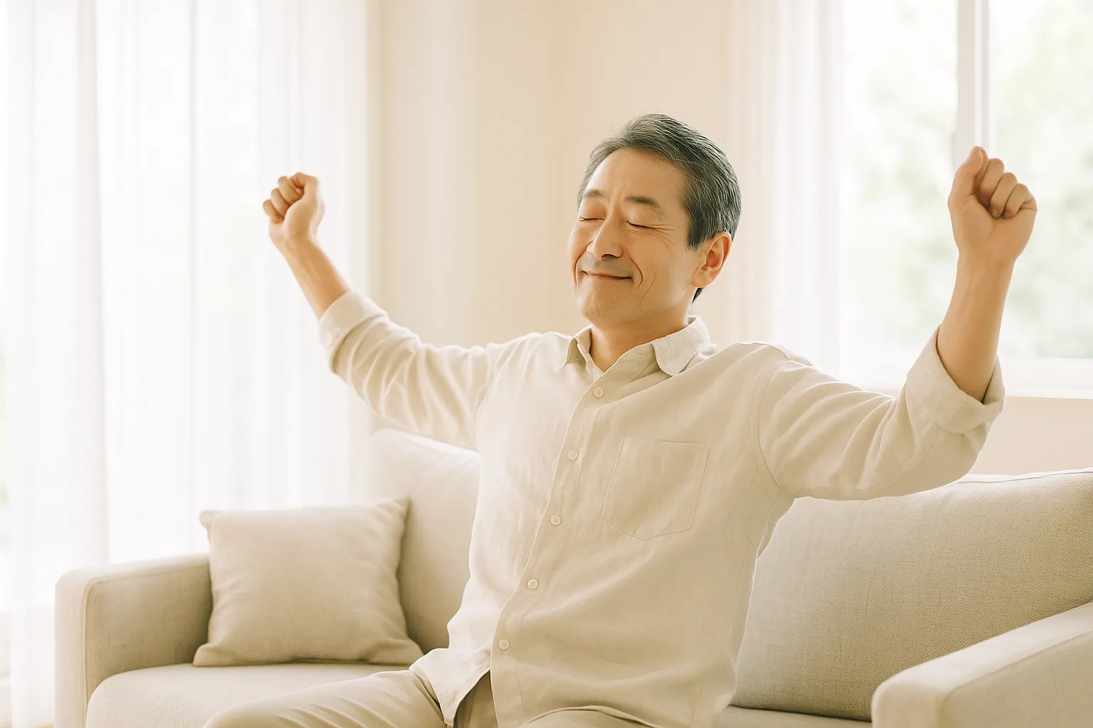 日の差すリビングのソファでくつろぎながら腕を伸ばす男性のイメージ