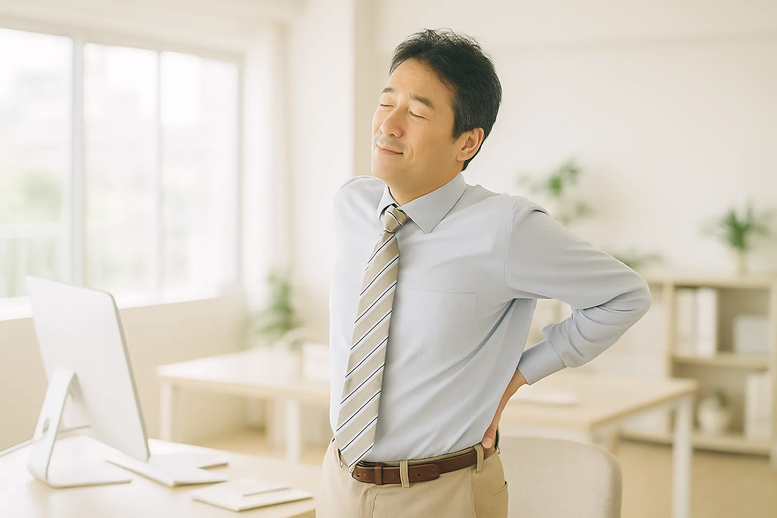 明るいオフィスでデスクから立ち上がり肩を軽く回す男性のイメージ