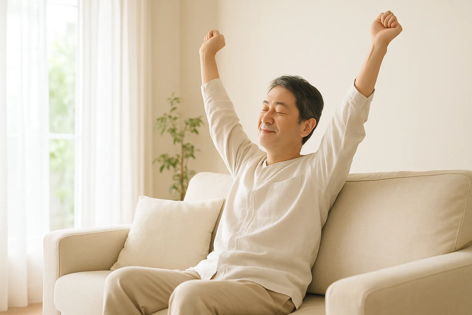 日の差すリビングのソファでゆったりくつろぐ人のイメージ