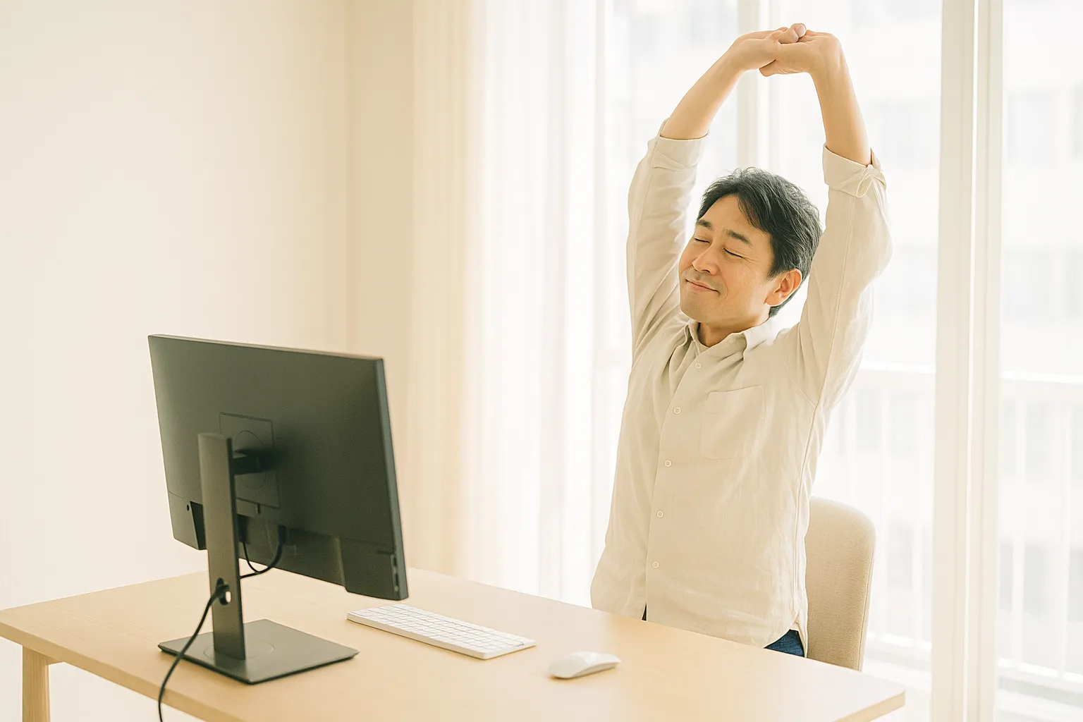 明るいオフィスでパソコン作業の合間に伸びをする40代男性のイメージ