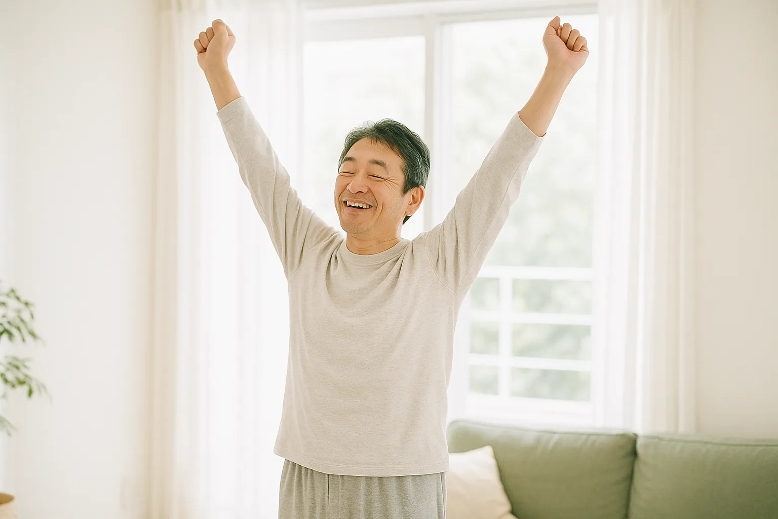 明るいリビングで朝、腕を伸ばす日本人男性のイメージ