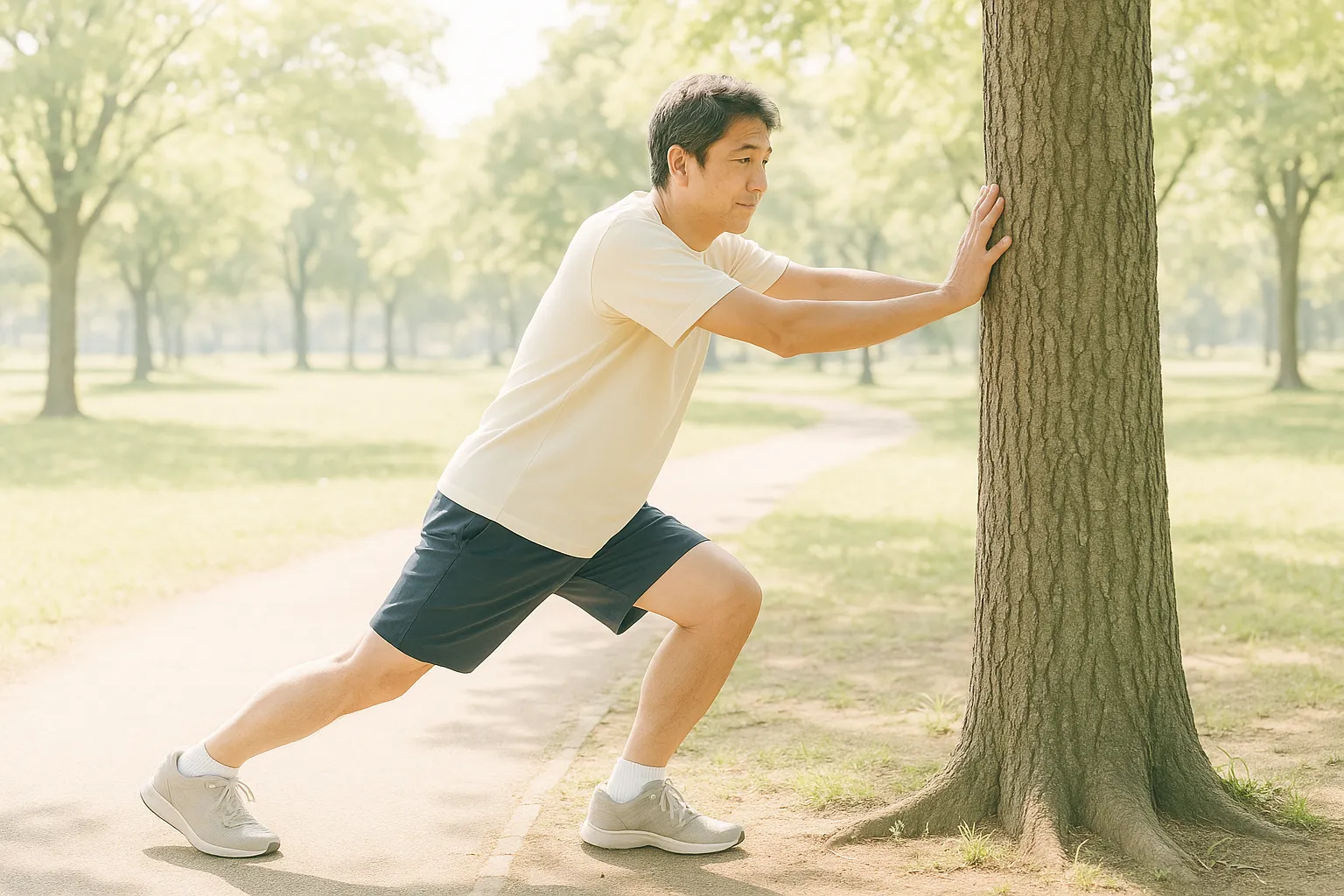 晴れた朝、公園でランニング前に体を伸ばす人のイメージ