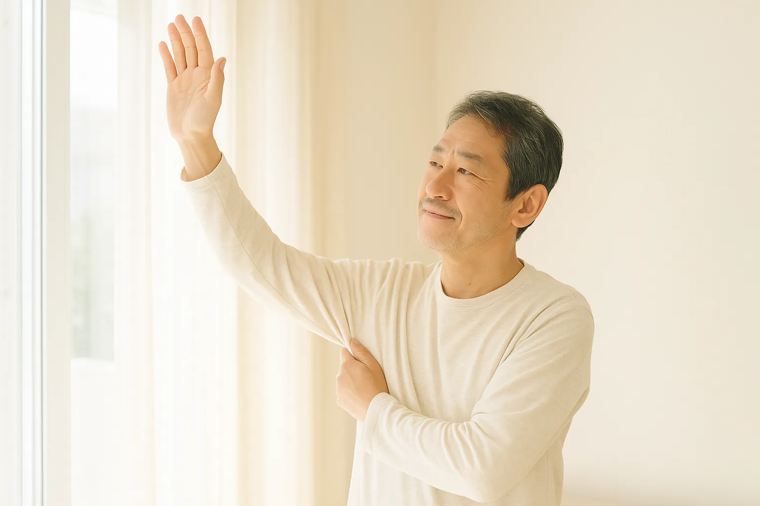 明るい部屋で無理のない範囲で腕を上げてストレッチする男性のイメージ