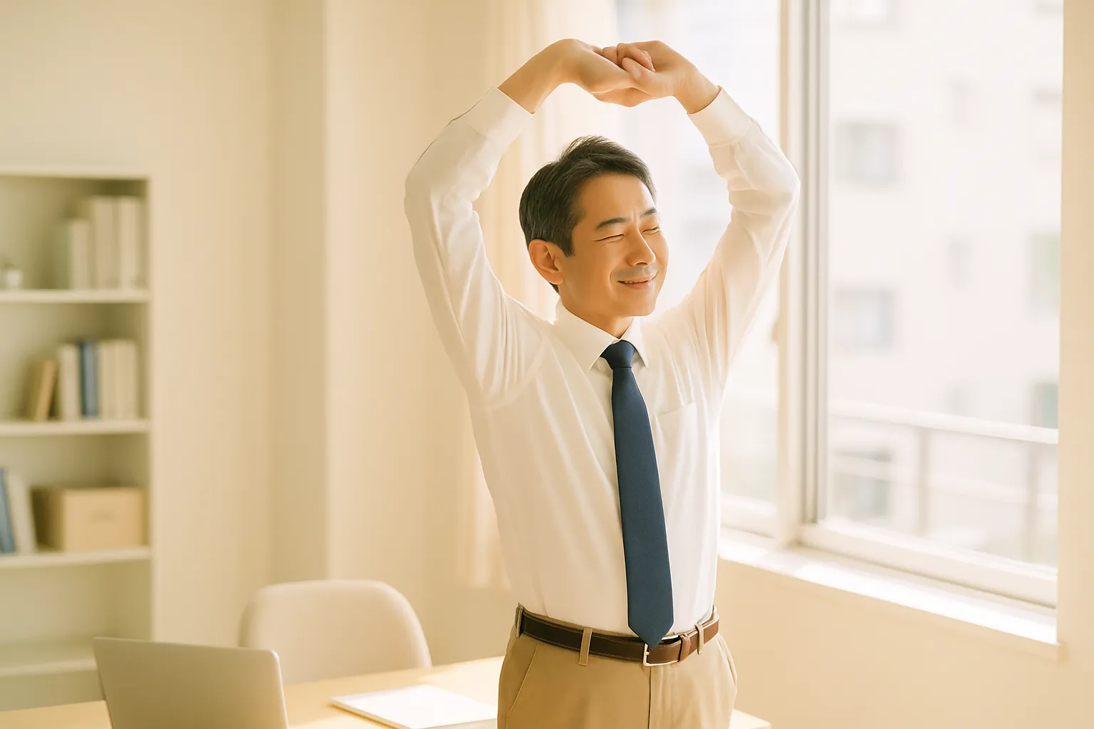 明るいオフィスで席を立ち、姿勢よく体を伸ばす男性のイメージ