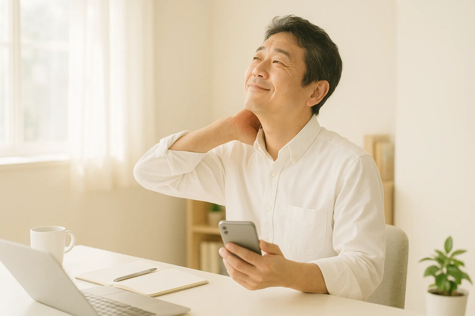 朝、明るいオフィスでスマートフォンから顔を上げて首を伸ばしている様子のイメージ