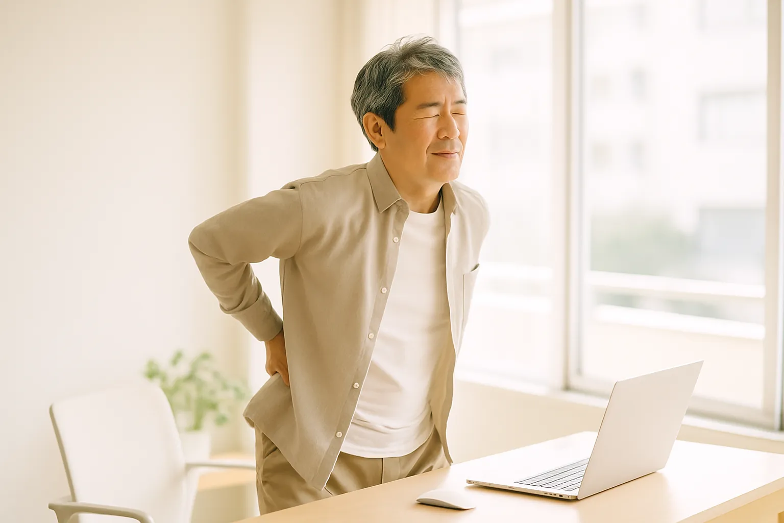 明るいオフィスで席を立って腰まわりを伸ばす男性のイメージ