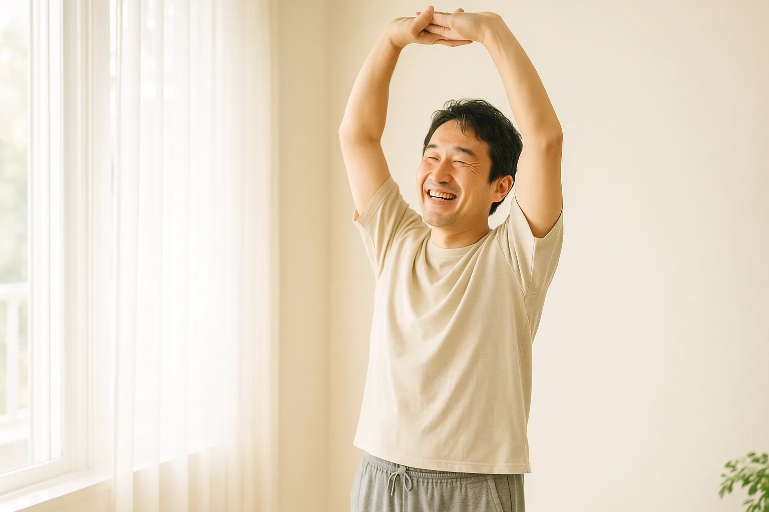 朝、明るい窓辺で腕を伸ばしてストレッチする男性のイメージ