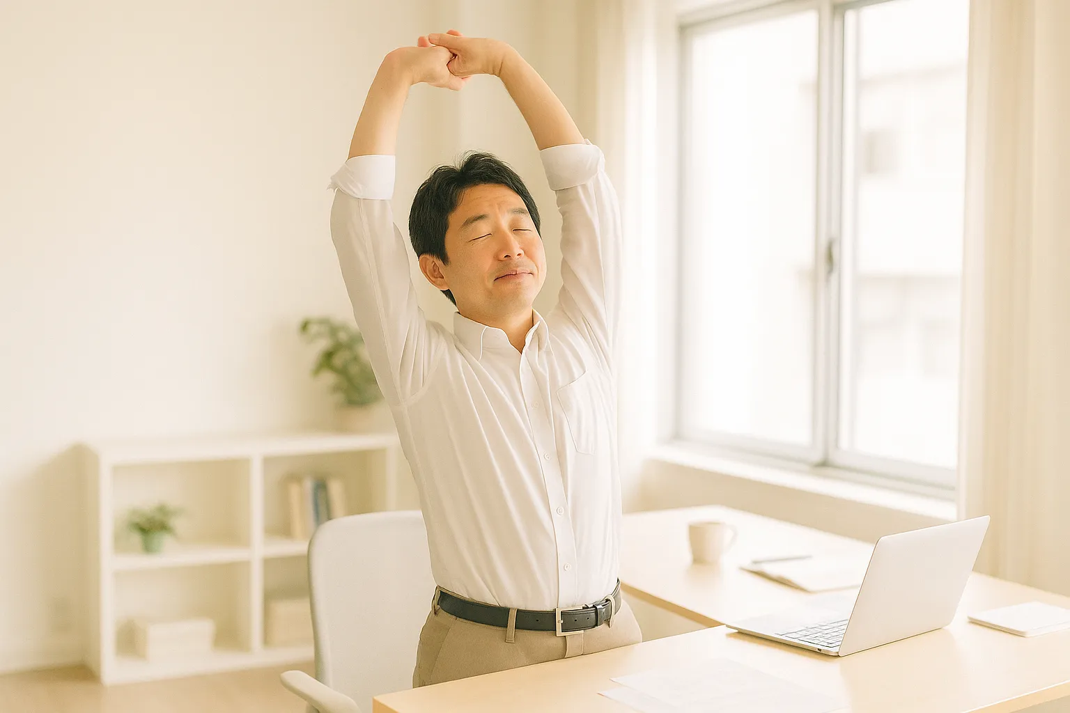 明るいオフィスで席を立って腕を伸ばす男性のイメージ