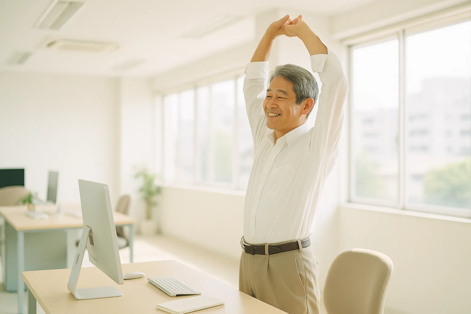 明るいオフィスで席を立って伸びをする男性のイメージ
