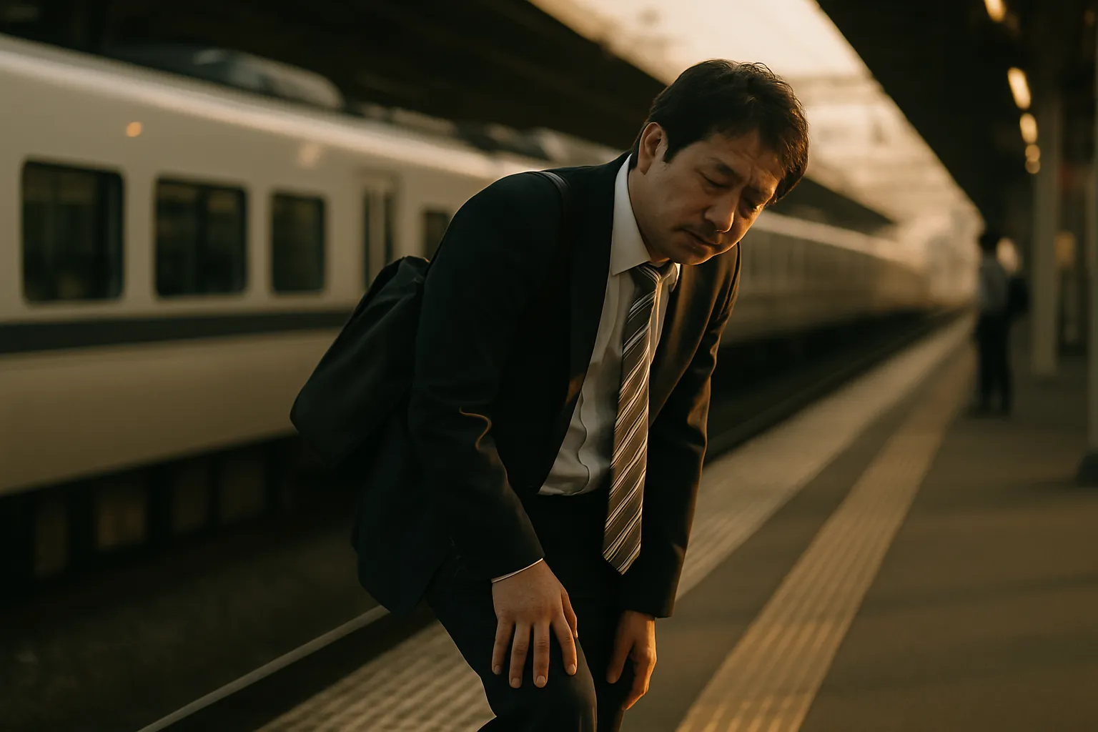 仕事帰りに脚の重さを感じている様子のイメージ