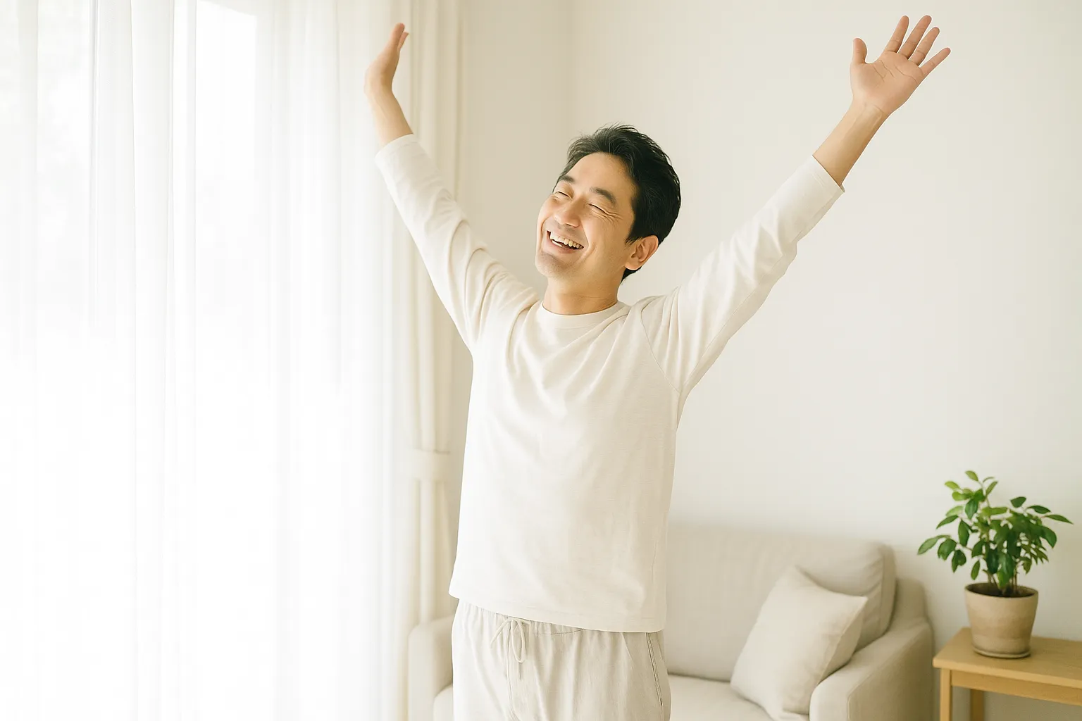 朝、明るいリビングの窓辺で伸びをする40代男性のイメージ