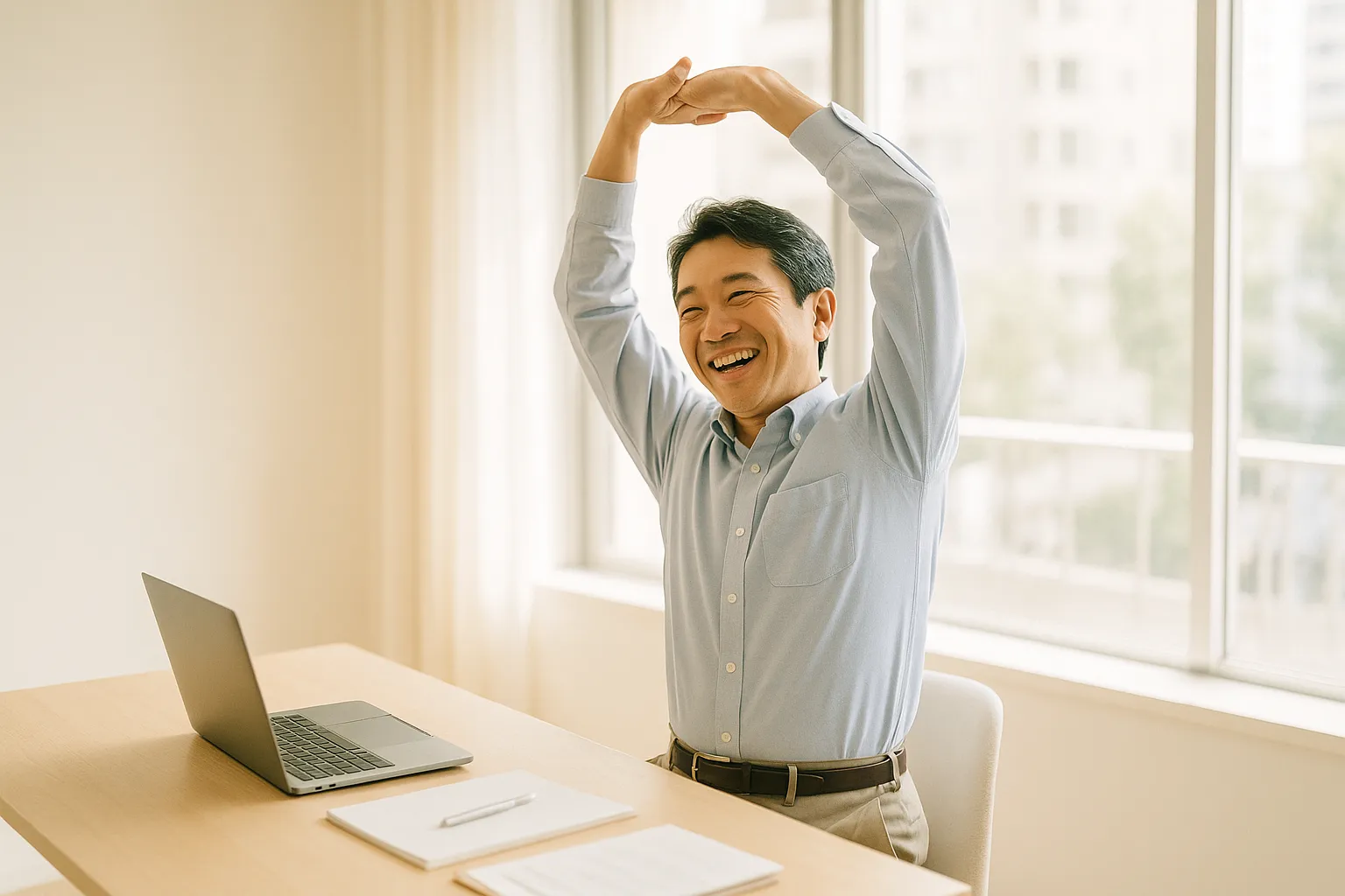 明るいオフィスでデスクから立ち上がり体を伸ばす男性のイメージ