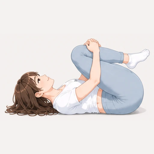 仰向けで膝を胸に引き寄せ、腰まわりをリラックスさせるストレッチのイラスト
