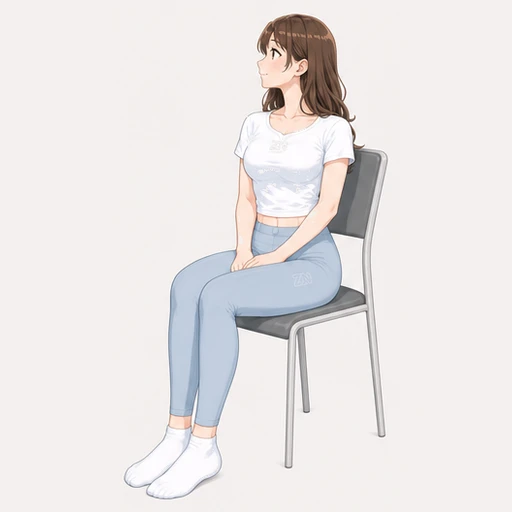 椅子に座り真横を向いて首すじを伸ばすストレッチのイラスト