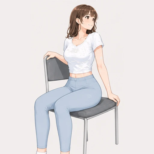 椅子に浅く座り、背もたれに手を添えて上体をゆっくりひねるストレッチのイラスト
