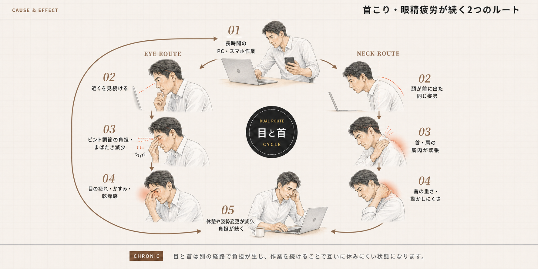 首こり・眼精疲労が続く目ルートと首ルート